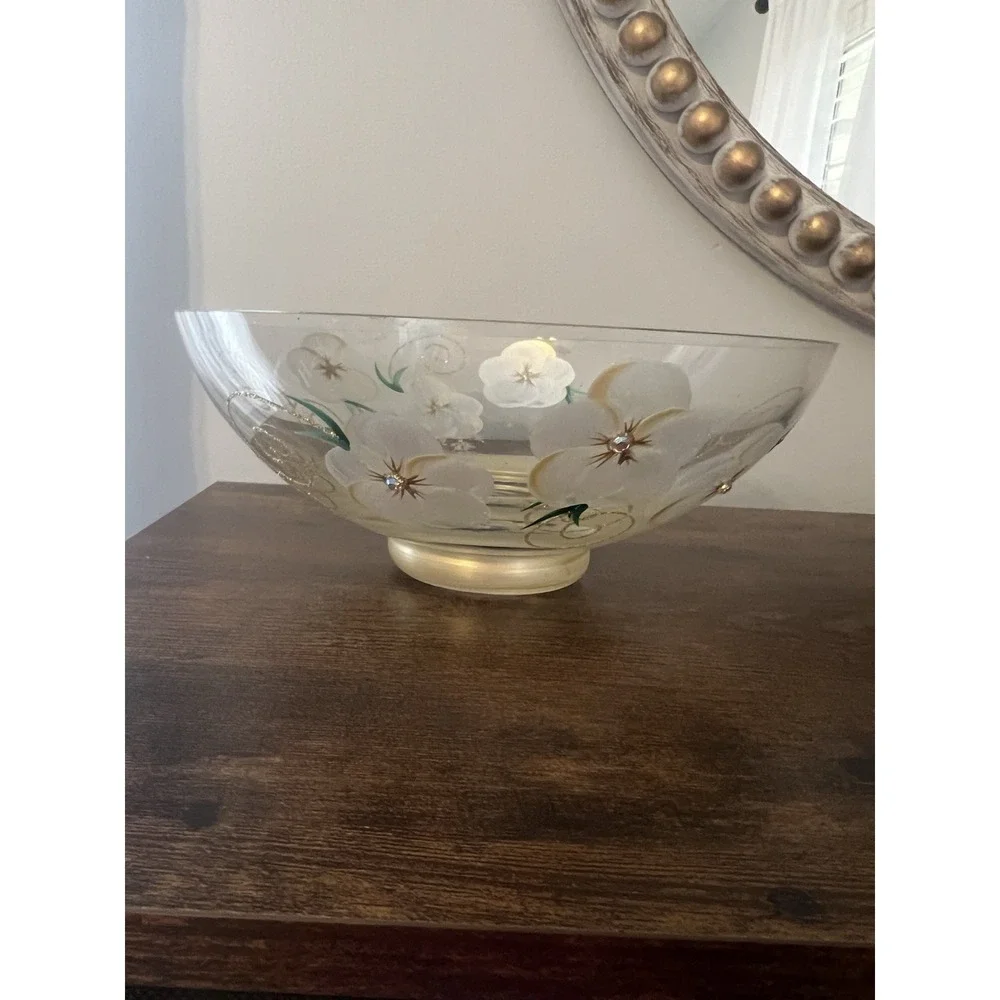 Madigan Australia Hand Painted Art Glass Floral‎ Bowl Gold Rhinestone Cottage